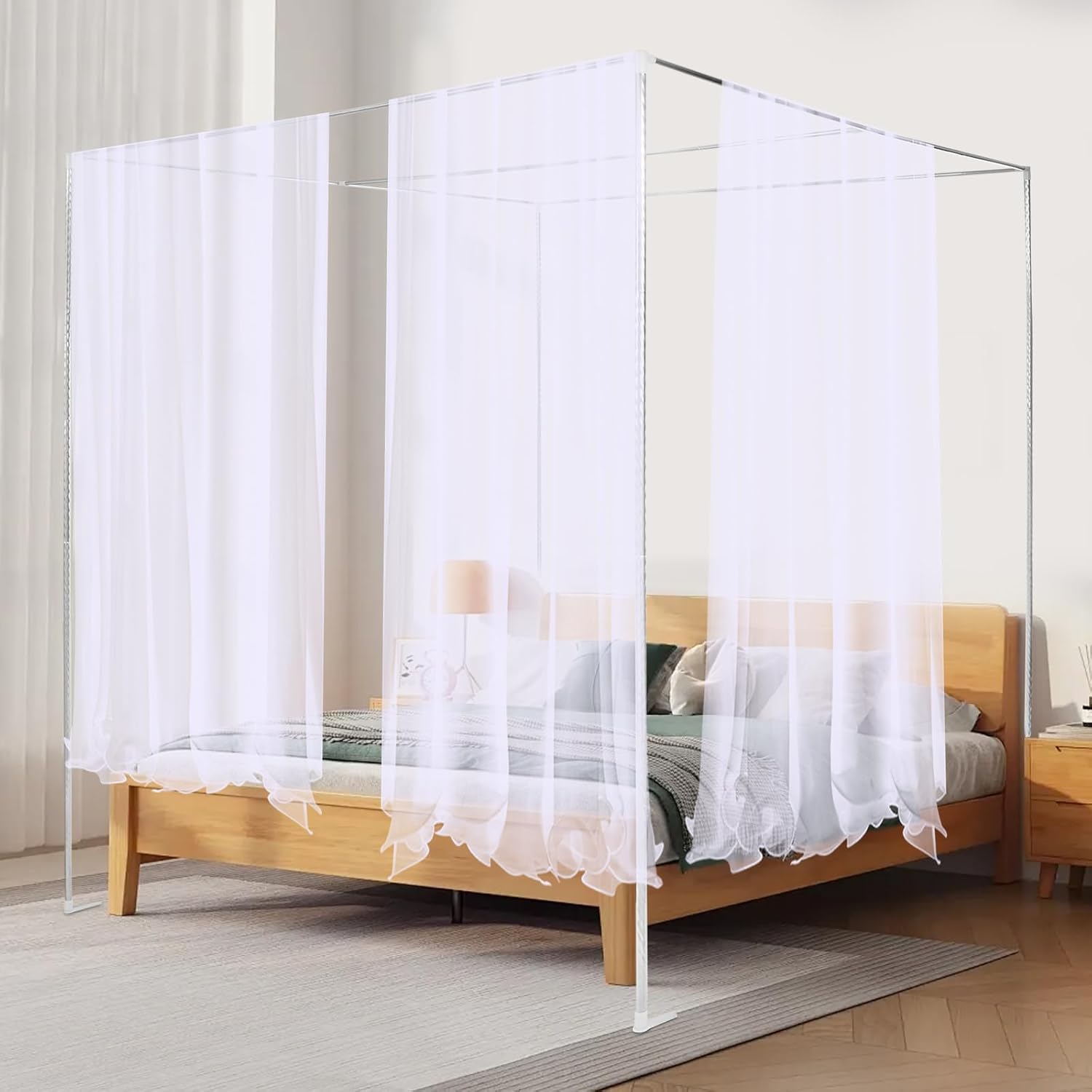 Canopy Bed Frame Enhanced Stainless Steel Poles White Queen Size Four Corner Bed Canopy Frame Modern Bedroom Decor Fit for Mosquito Curtains(no Included) (4.92 * 6.56 * 6.56ft)