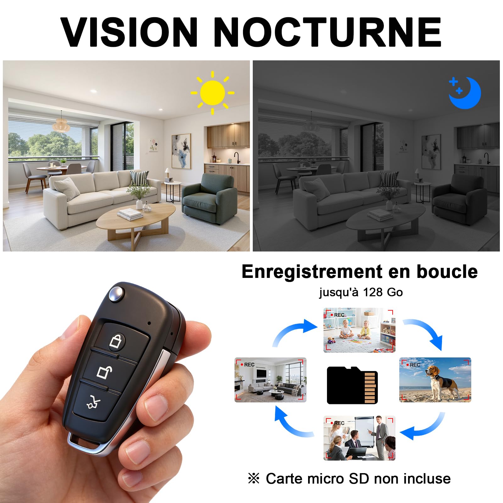 Caméra Cachée, Mini Caméra Espion HD 1080p, Caméra Clé de Voiture, Micro-Caméra Vidéo avec Vision Nocturne et Enregistrement en Boucle