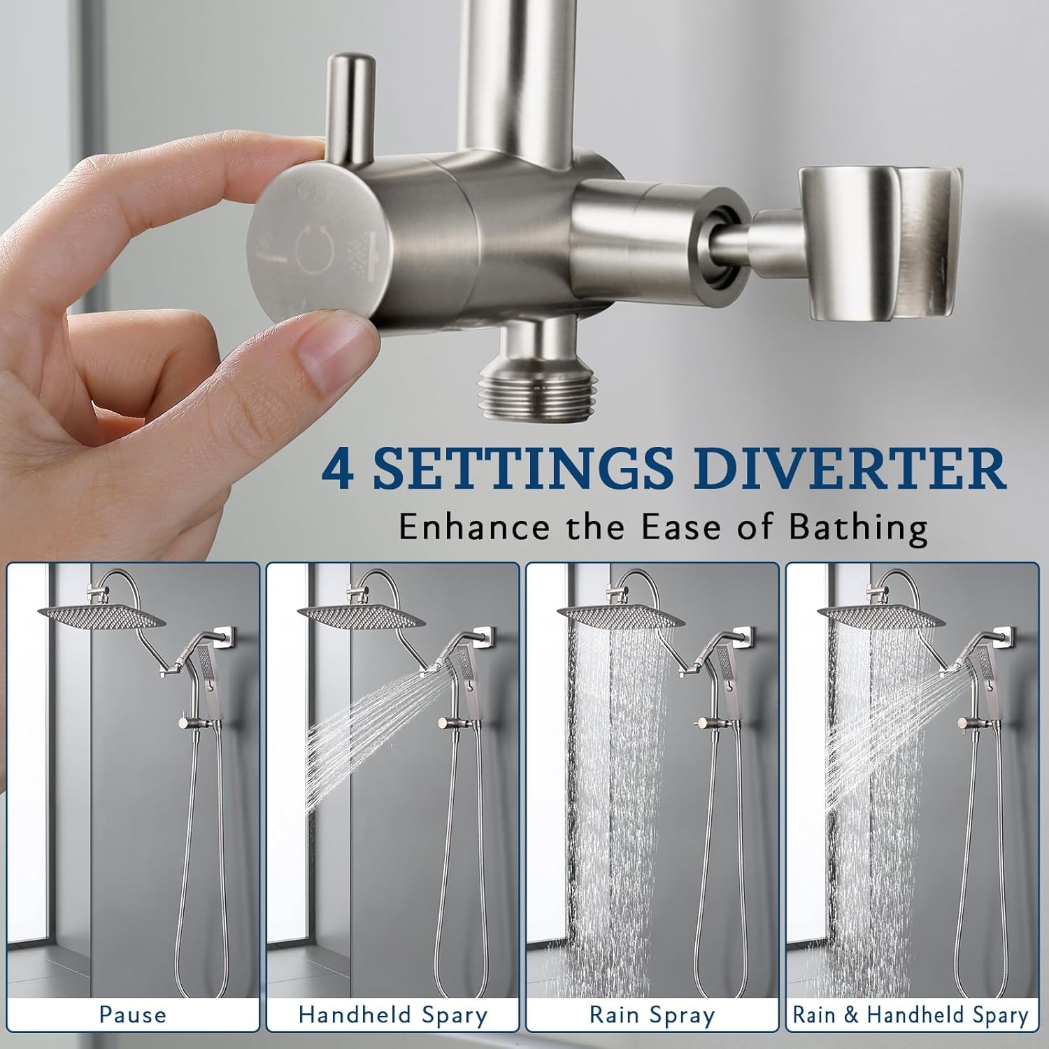 G-Promise All Metal Shower Diverter with Low Handheld Holder, Pause Mode 3-Way Diverter Valve for Handheld and Fixed Shower Head, 4-Setting Universal Bathing System Replacement(6 Inch, Brushed Nickel)