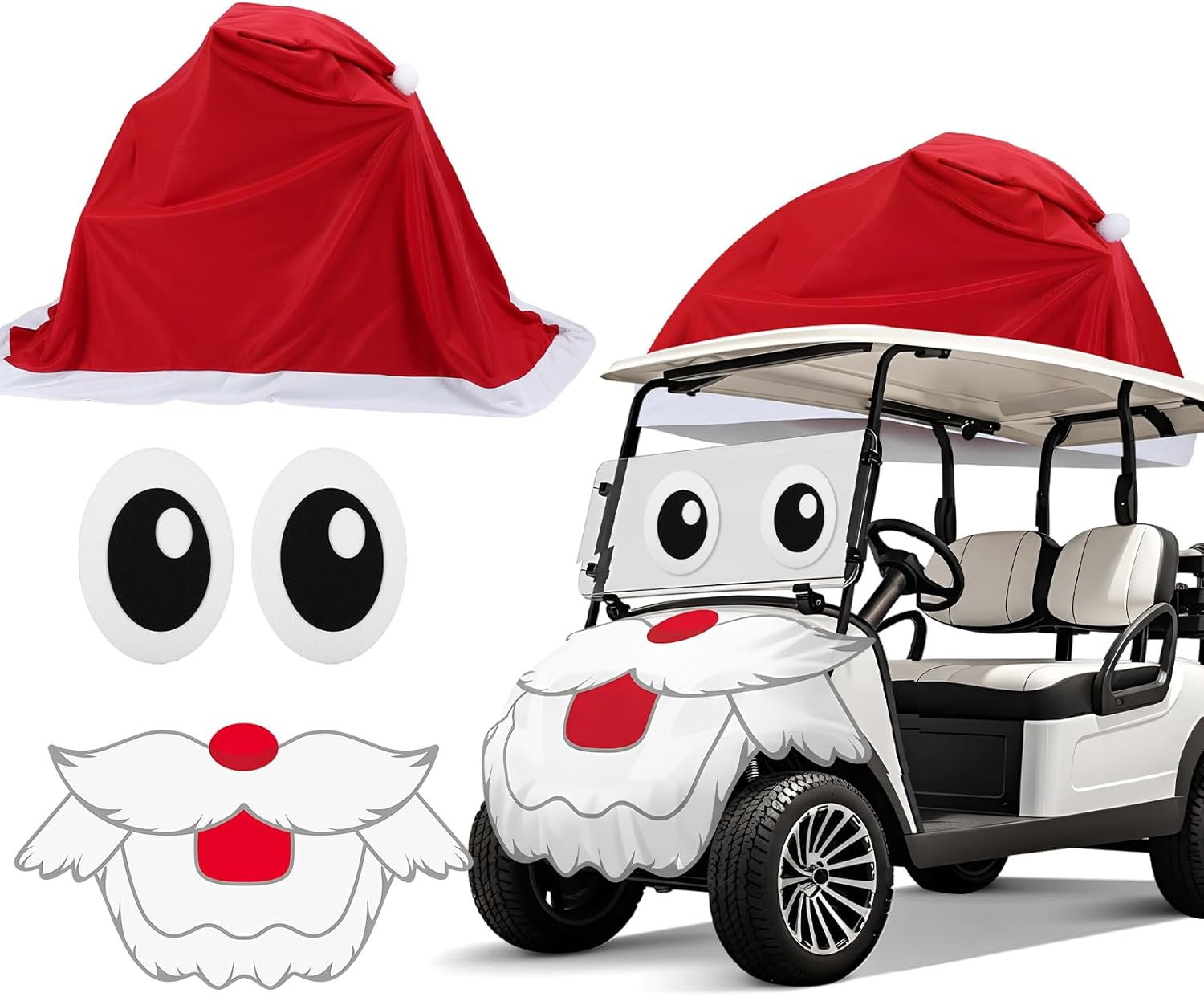 Soulchen 4 Pcs Christmas Golf Cart Decorations Kit Christmas Golf Cart Accessories Large Santa Hat Car Cover Eyes Adhesive Felt Santa Beard with Ribbon for Xmas Parades Party Supplies Decor