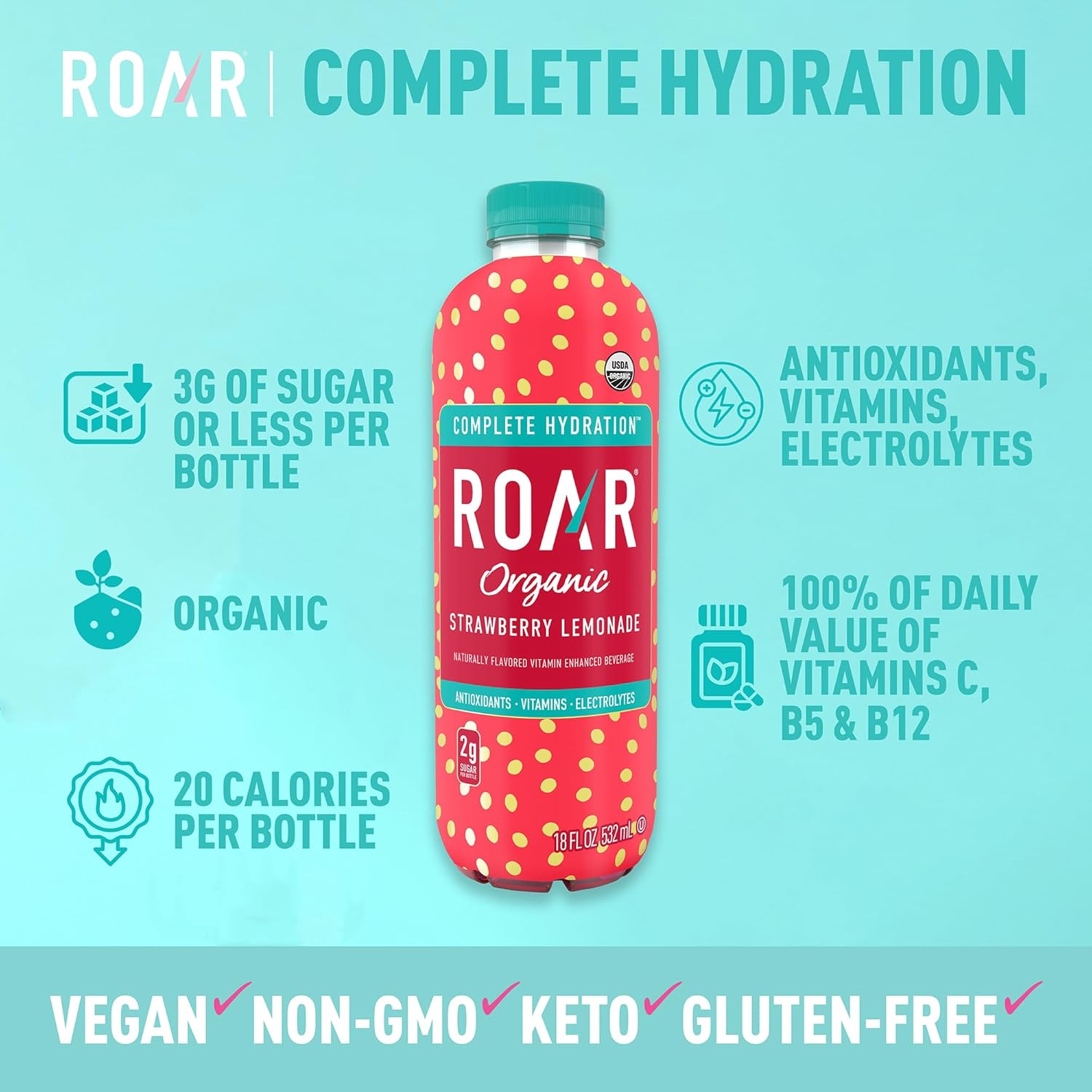 ROAR Complete Hydration Organic - Electrolyte Drinks Loaded with Vitamins C, B5, B12 - Non-GMO, Gluten-Free - Strawberry Lemonade - 12 pc