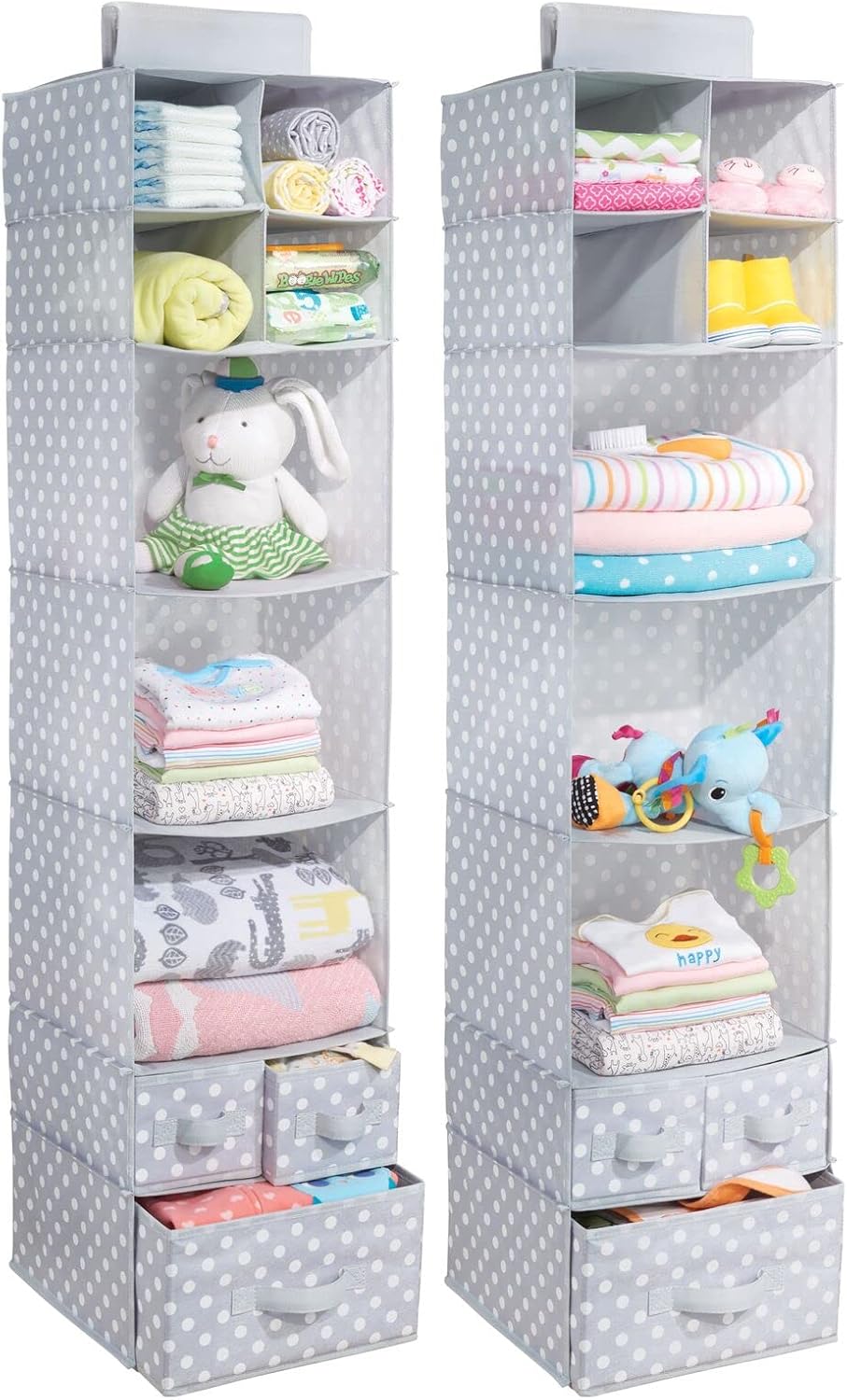 mDesign Soft Fabric Over Closet Rod Hanging Storage Organizer with 7 Shelves and 3 Removable Drawers for Child/Kids Room or Nursery - Polka Dot Pattern - 2 Pack - Light Gray with White Dots