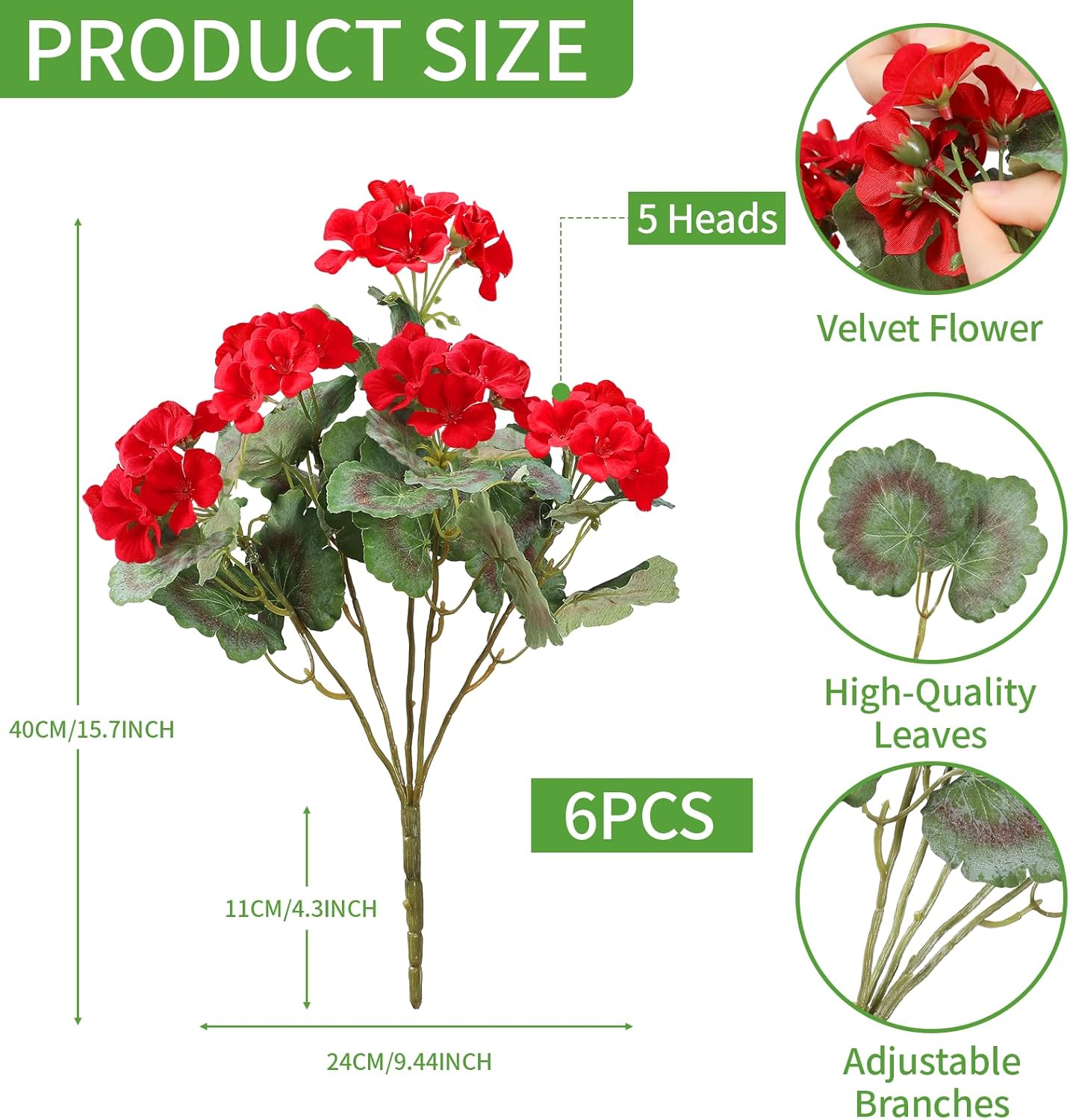 Coferset 30 Blooms Red Geraniums Artificial Flowers for Outdoor, 6 Bundles Velvet Realistic Faux Geraniums for Garden Planters, UV Resistant Faux Flowers for Garden, Porch Decor(6, Red)