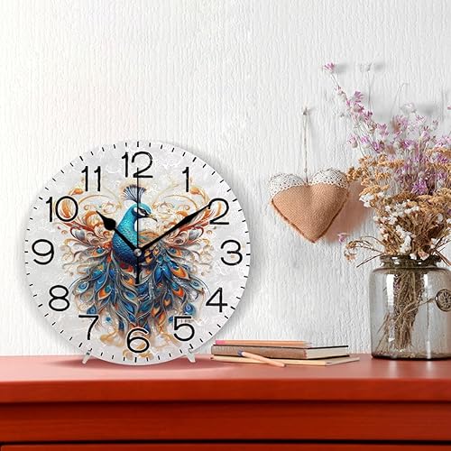 Miniatura 2 de Reloj de pared de pavo real con hermosas plumas, funciona con pilas, silencioso, de cuarzo, analógico, rústico, rústico, reloj redondo, decoración