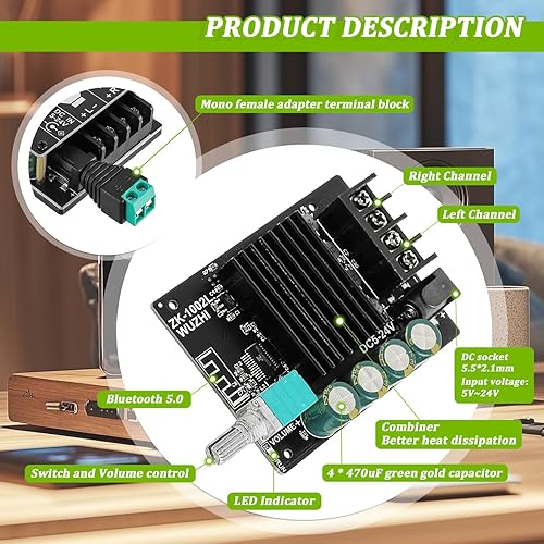 Miniatura 7 de Tablero amplificador Bluetooth de 100W+100W DC 5-24V BT y AUX entradas 2.0 canales estéreo AMP Board Módulo amplificador de potencia de audio para