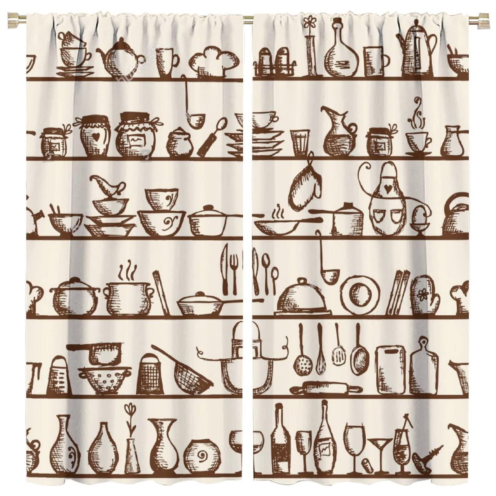 Vintage Kitchen Blackout Curtains,Kitchen Utensils on Shelves Spice Rack Pattern Window Drapes for Bedroom Living Room Cafe Decor for Children and Adolescent Bedrooms Decor. 84x84in