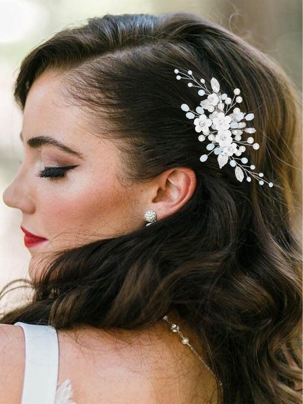 Latious Flower Wedding Hair Clip Silver Pearl Bridal Hair Barrettes Rhinestones Hair Piece for Women and Brides - Image 4