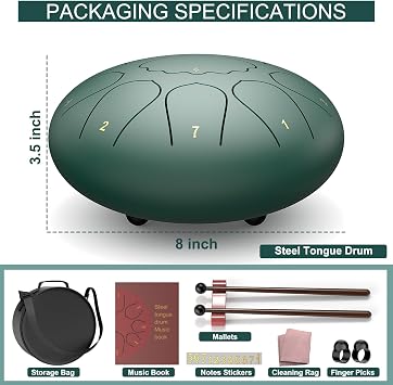 Rain Drum for Outside Garden, 8 Inches 11 Notes Steel Tongue Chakra Drum, Waterproof Rain Chime Meditation Drum, Musical Instruments for Adult Gift with Drum Bag (Green/Lake Blue)