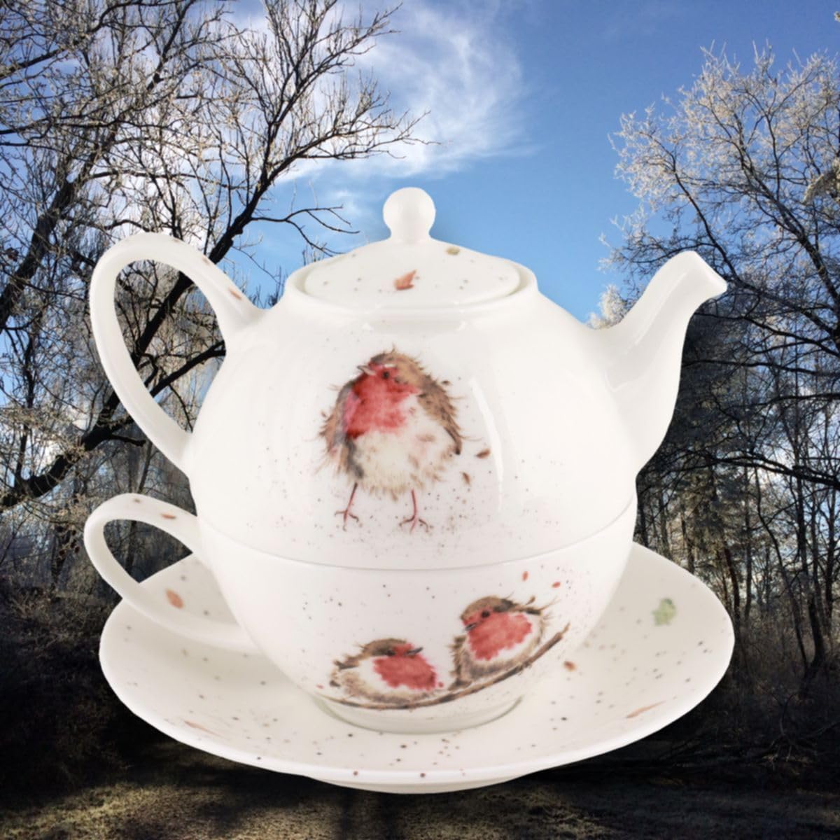 Wrendale Designs Porzellan Tee Set Tea-for-One Rotkehlchen Kanne mit Deckel ca. 410 ml, Tasse ca. 200 ml & Untere Motiven von der britischen Künstlerin Hannah Dale als Geschenk & zum selbst genießen