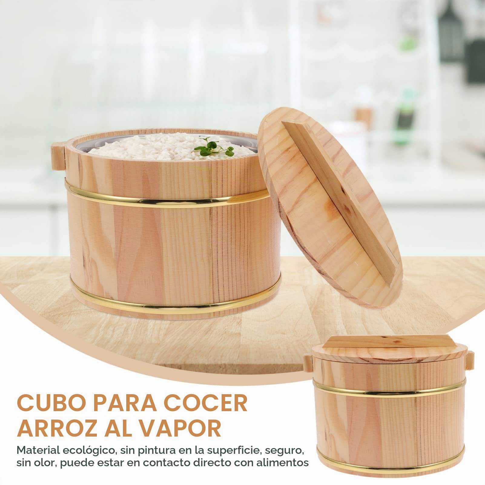 DOITOOL Hangiri de de Arroz de Madera Tazón de Enfriamiento de Arroz de Sushi Revestimiento de Tazón de Arroz de Inoxidable Bañera de de Arroz con Tapa Tazón de 1