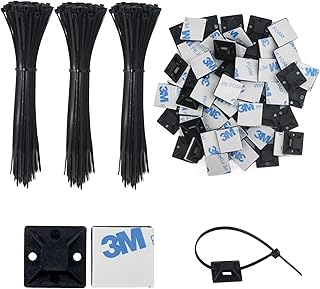 300 Stück Kabelbinder Schwarz Set 150mm und 100 Stück Selbstklebend Basishalter, Nylon Kabel Binder Kunststoff Kabelhalter Beständig Basishalter für Kabelbefestigung Lichterkette (Schwarz)