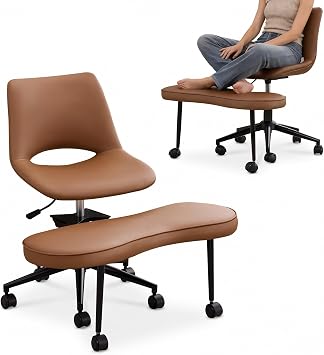 GAOMON Ergonomic Cross Legged Chair with High Lumbar Support, 360 Swivel Meditation Chair with Wheels - Adjustable Height for ADHD Desk & Yoga, PU Leather Yoga Stool for Home, Brown