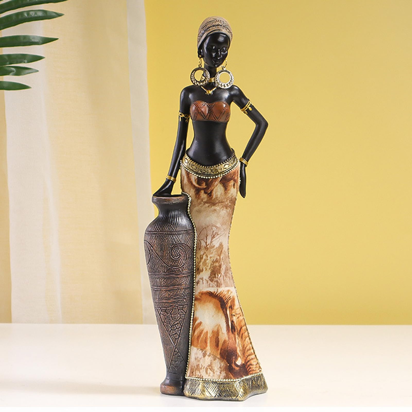 Tissting Afrikanische Deko Kunst Figur mit Hoher Vase, 32cm Harz Tribal Lady Statue Handgefertigt Afrika Weibliche Schlagzeuger Skulptur für Schreibtische Dekoration, Sammlung Geschenke(#2)