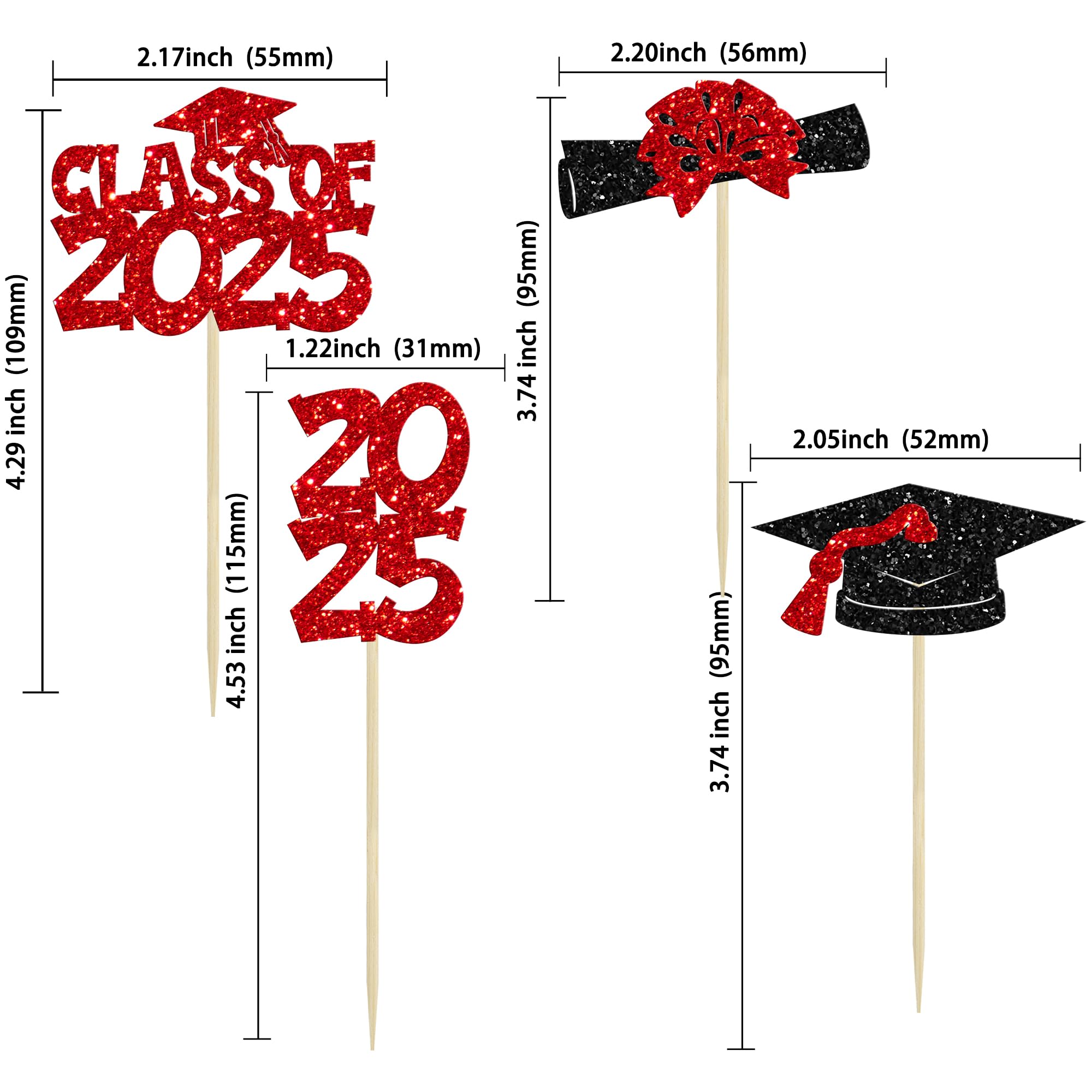 Ephlyn 36Pcs 2025 Graduation Theme Cupcake Toppers Glitter Class of 2025 Congrats Grad Diploma Graduation Cap Cupcake Picks for 2025 Graduation Theme Party Cake Decorations Supplies Red - Image 2