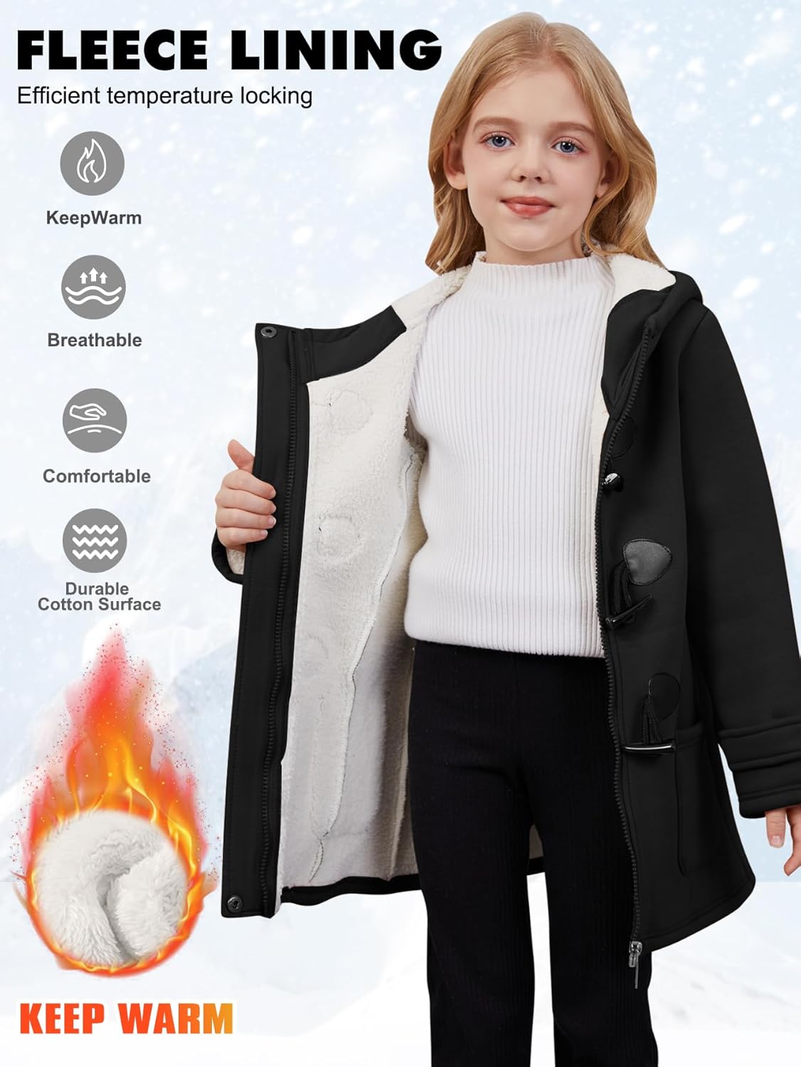 Kid's Girls Winter Fall Sherpa Lined Jacket Duffle Toggle Coat Warm Hooded Fleece Jacket Sweatshirt - Image 4