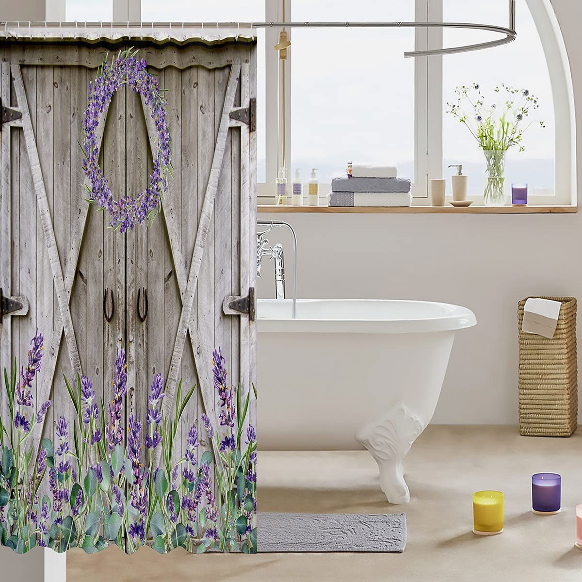 RnnJoile Lavendel Duschvorhang 183x183 Cm – Lila-graues Bauernhaus-Design, Wasserdicht, Mit 12 Haken