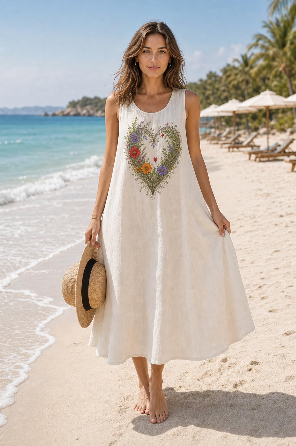 Sommerkleid Damen Ärmellose Strandkleid Rundhalsausschnitt Blumenprint Maxi Kleid Freizeitkleid Sommer Kleider Casual