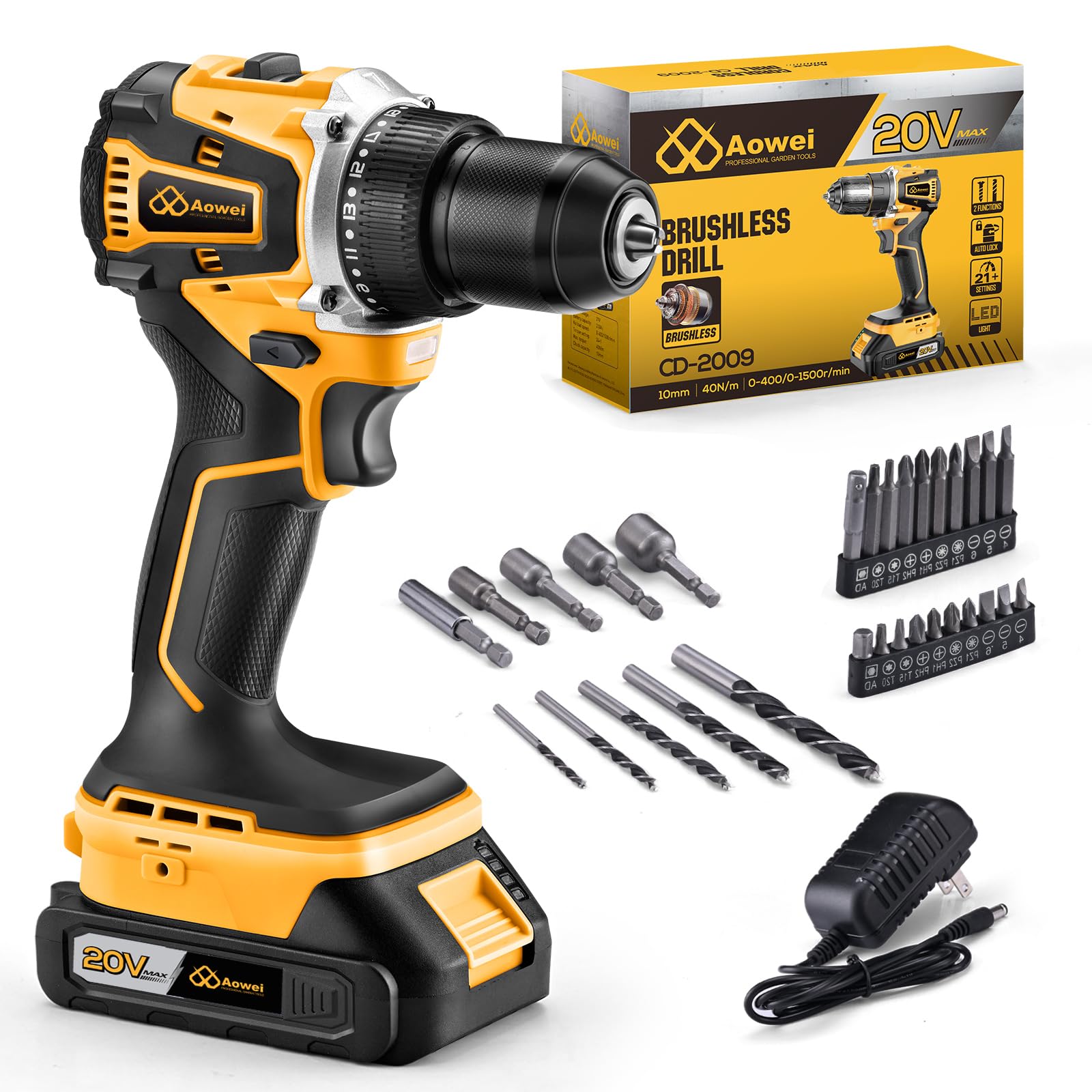 Kit trapano e cacciavite senza fili da 20 V con 2 batterie, coppia massima 40 Nm, cambio a 2 velocità, mandrino senza chiave da 3/8" e luce a LED per progetti fai da te domestici, set di trapano senza