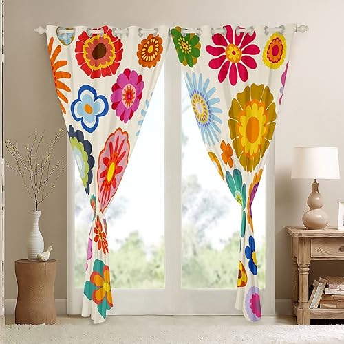 Miniatura 105 de Erosebridal Cortinas retro de los años 60 y 70 de 84 x 63 pulgadas, cortinas opacas rústicas de flores psicodélicas para hombre y mujer, diseño