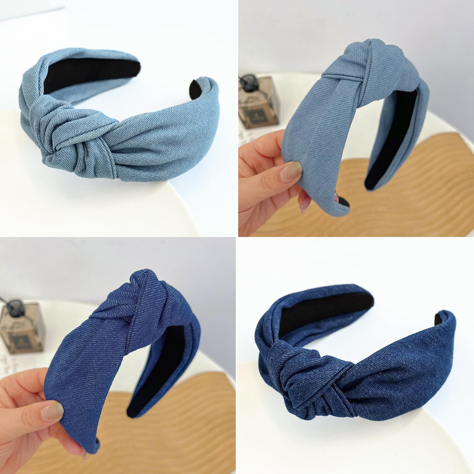 2Pcs Vintage Denim Knot Headbands Non-Slip Wide Hairbands Cross Knotted Head Wear Hair Accessories(Dark Blue + Light Blue) - Image 4