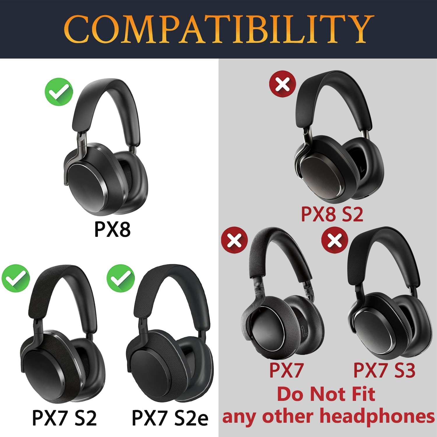 SOULWIT Lambskin Top+Bottom Headband Cover for Bowers & Wilkins PX8/PX7 s2/PX7 s2e (Do Not Fit PX7) Headphones, Replacement Headstrap Pad Repair Part - Black