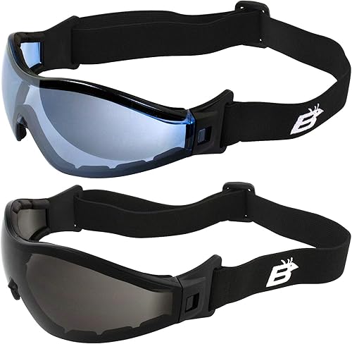 Birdz 2 pares de anteojos Boogie de espuma negra acolchada para motocicleta, esquí, paracaidismo, lentes antiniebla con lentes antiniebla humo y