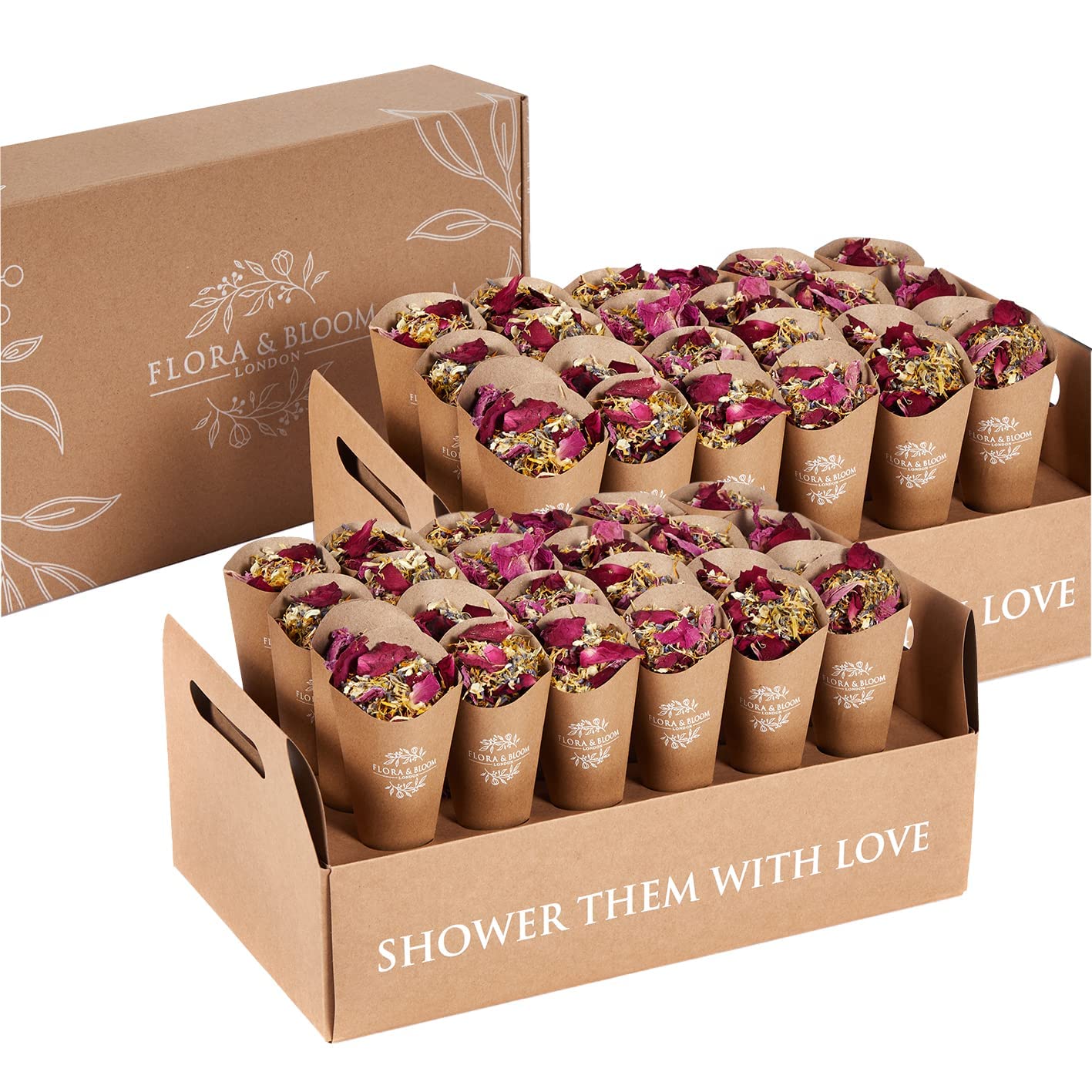 Flora & Bloom Biodegradable Confetti Kit (6 Litres, 48 Guests) | Pre Built Confetti Cones | Dried Confetti Petals | Wedding Confetti Kit | Pop Open Cones & Tray | Rose, Jasmine & Lavender Petals