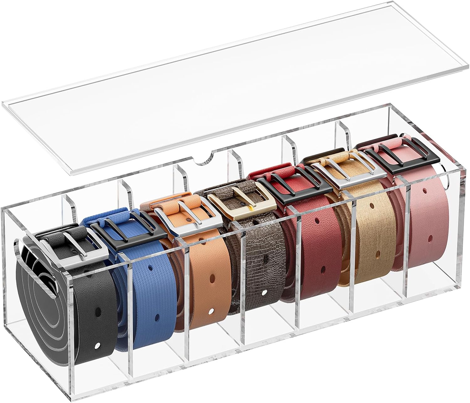 Belt Organizer - Acrylic Belt Storage Holder for Closet with Dust Cover Lid - 7 Compartments Clear Display Case for Tie and Bow Tie