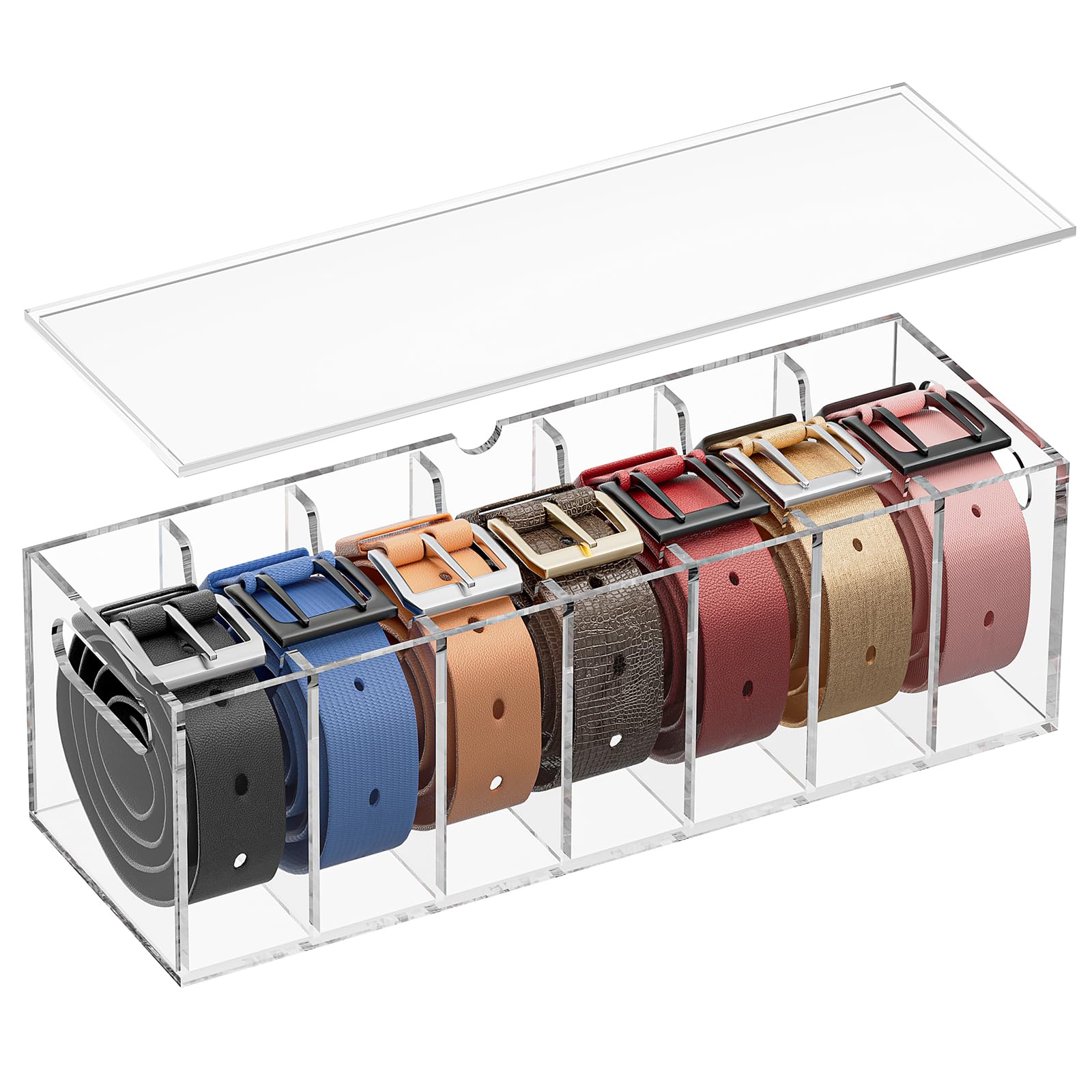 YUNEASELF Belt Organizer - Acrylic Belt Storage Holder for Closet with Dust Cover Lid - 7 Compartments Clear Display Case for Tie and Bow Tie