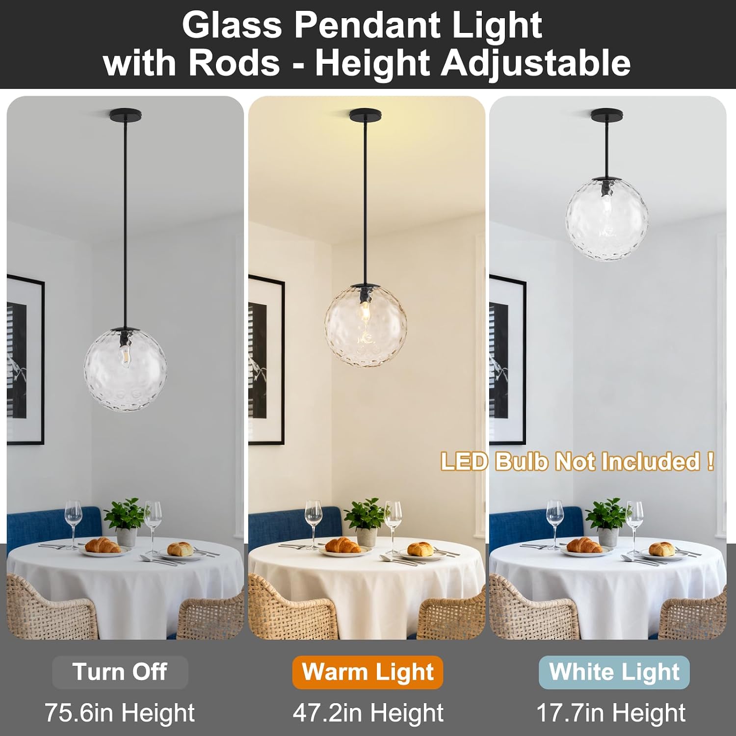 11.8in Hammered Glass Pendant Light, Large Mid Century Modern Pendant Lights Kitchen Island, Black Fininsh Hanging Light for Dining Room Over Table Sink Hallway, Black & Hammered 1 Pack