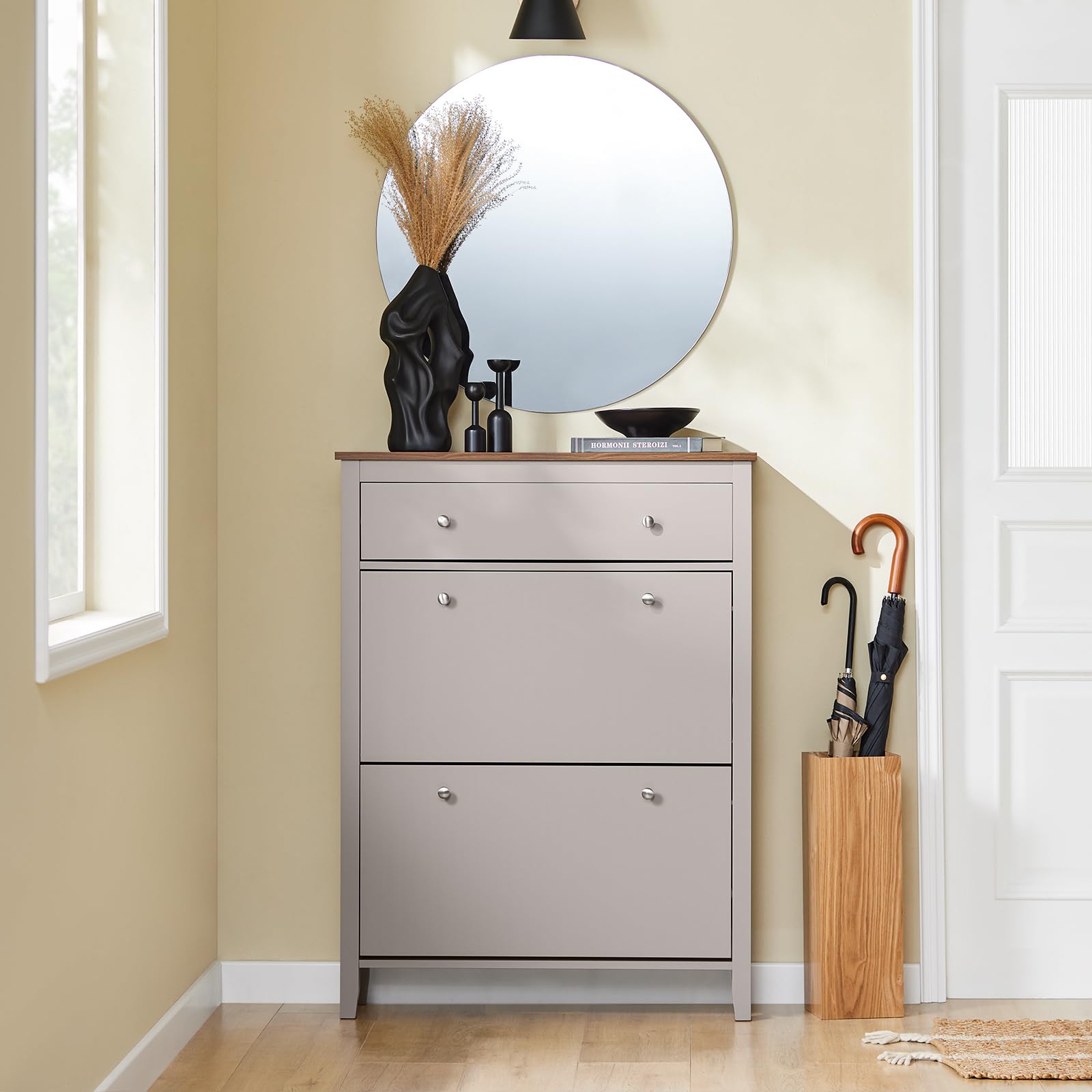 SoBuy Scarpiera Salvaspazio Slim Ingresso - Mobile Scarpiera con Cassetto e 2 Ante a Ribalta per 12 Paia - Design Nordico in Legno, Facile Montaggio, 78x24x108 cm, Marrone Chiaro, FSR89-KA