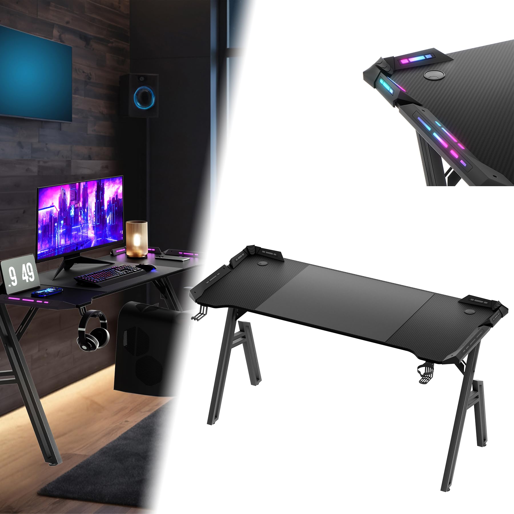 Froadp A-Frame stolik gamingowy, biurko gamingowe, grubość 1,5 cm, płyta MDF i stal, biurko komputerowe z listwą świetlną LED, ergonomiczne, z przestronną powierzchnią roboczą (szerokość 140 cm)