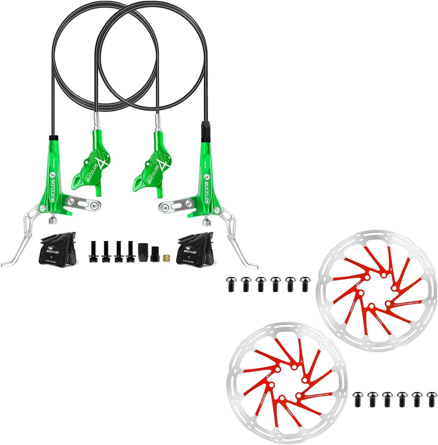 BUCKLOS MTB Hydraulic Disc Brake Set Green 4 Pistons Front 800mm and Rear 1550mm Hydraulic Brakes with 2PC 180mm Red Bike Disc Brake Rotors