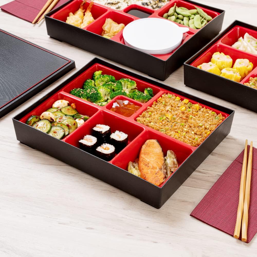 Restaurantware-12.2 x 9.8 x 2.4 Inch Compartment Lunch Container, 1 Japanese Style Adult Lunch Container - With 6 Compartments, Greaseproof, Black & Red Plastic Divided Meal Box, Hot & Cold Food - Image 4