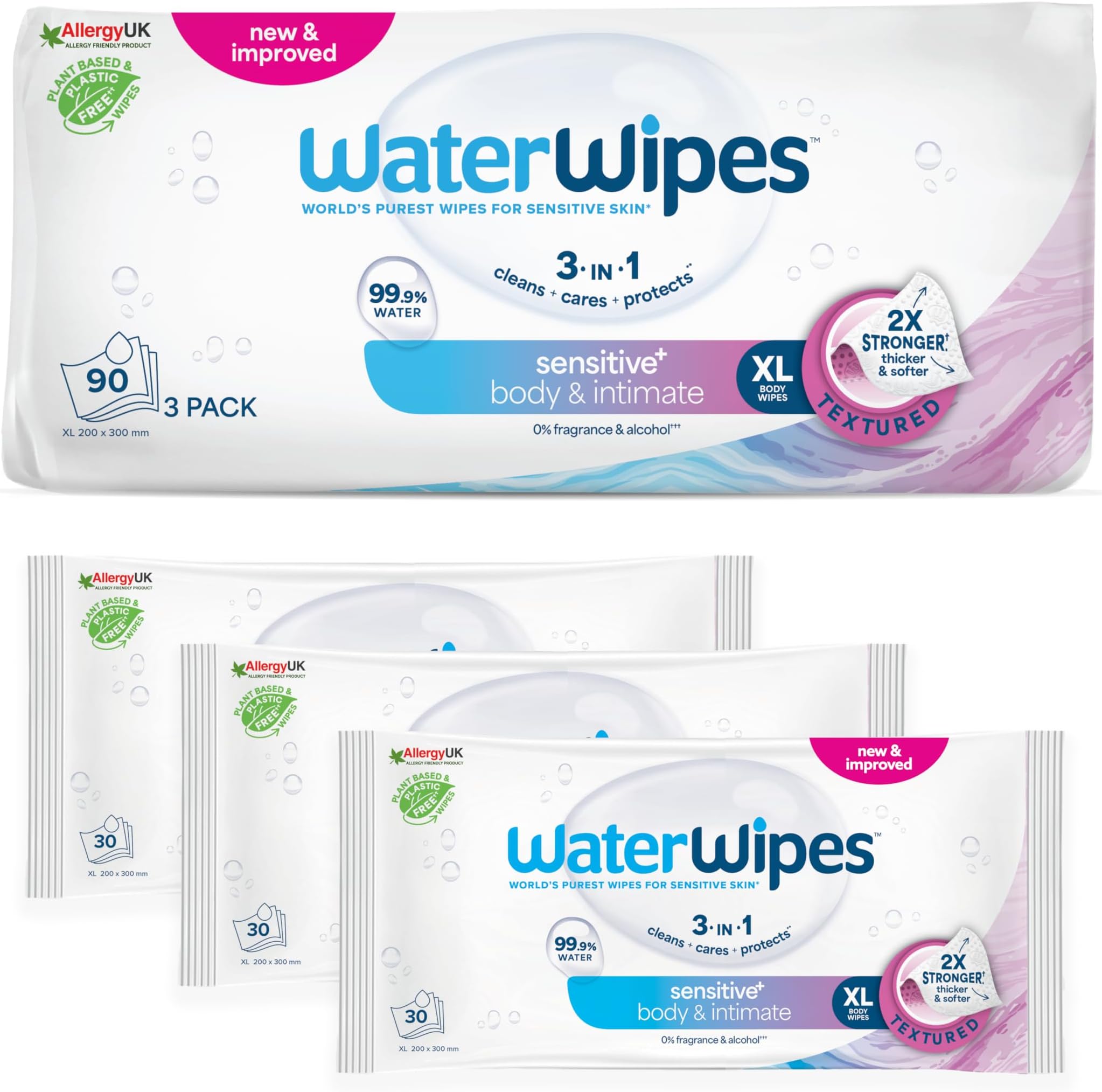 WaterWipes アダルトケア敏感ワイプ 90枚(3パック) 特大 水性ウェットワイプ オールオールクレンジング対応