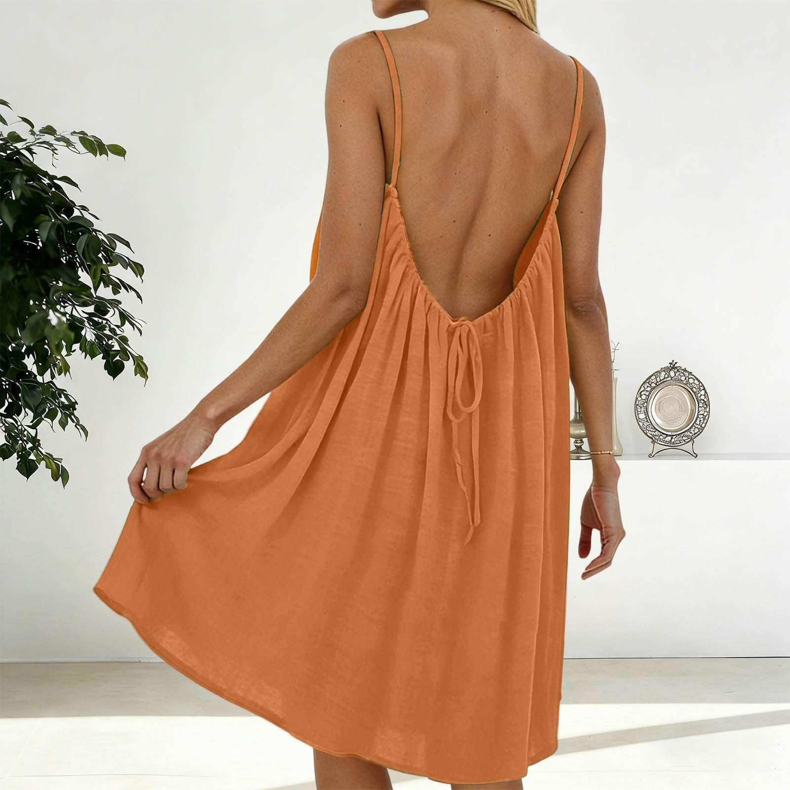 Vestito Donna con Schiena Scoperta, Abito Estivo con Spalline Sottili e Fiocco per Vacanze al Mare