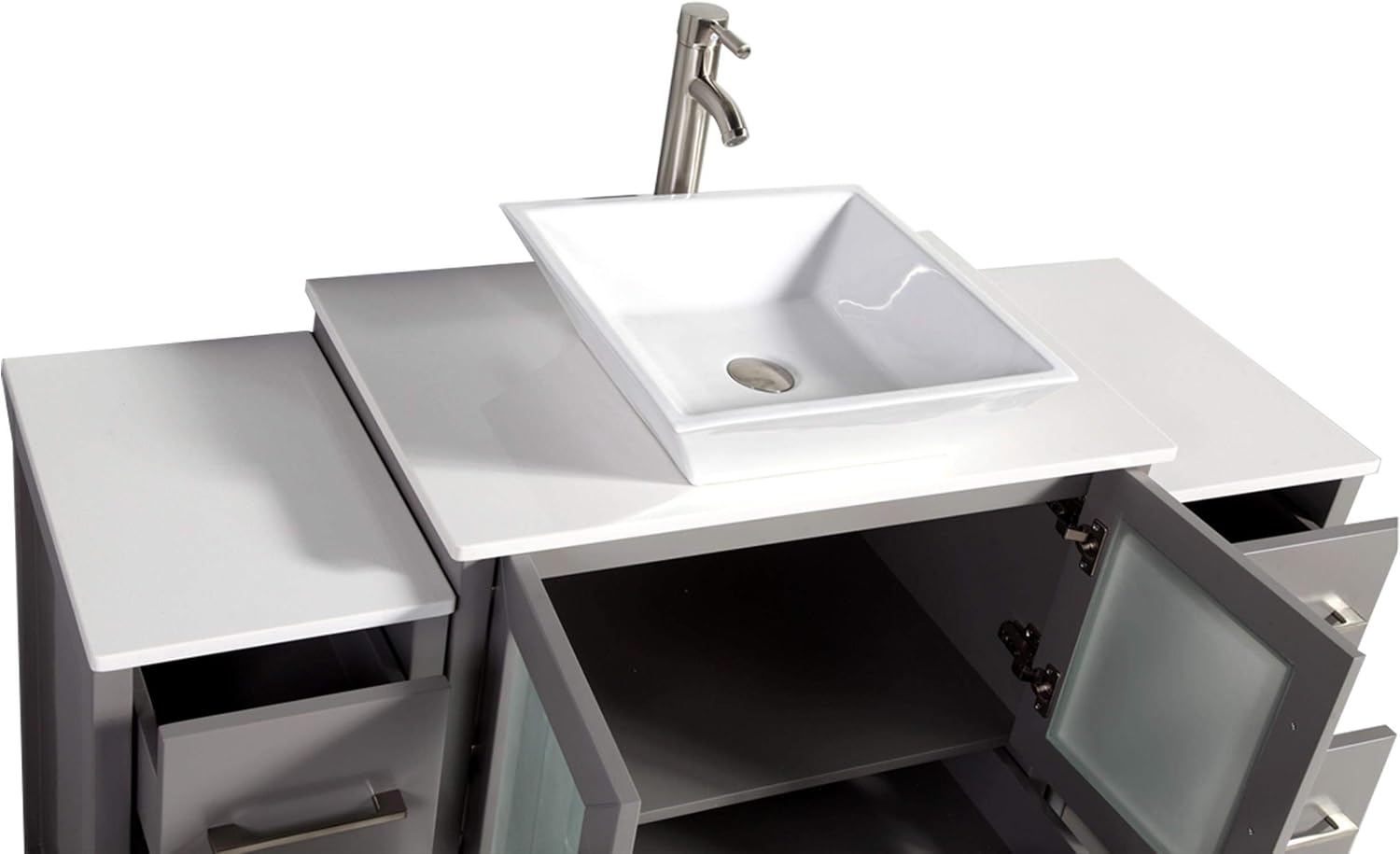 Vanity Art 54 Inch Vessel Single Sink Bathroom Vanity Cabinet with 1 Mirror, Engineered Marble Top Bathroom Cabinet Compact Set with 8 Dovetail Drawers and Soft Closing Doors, VA3130-54-G