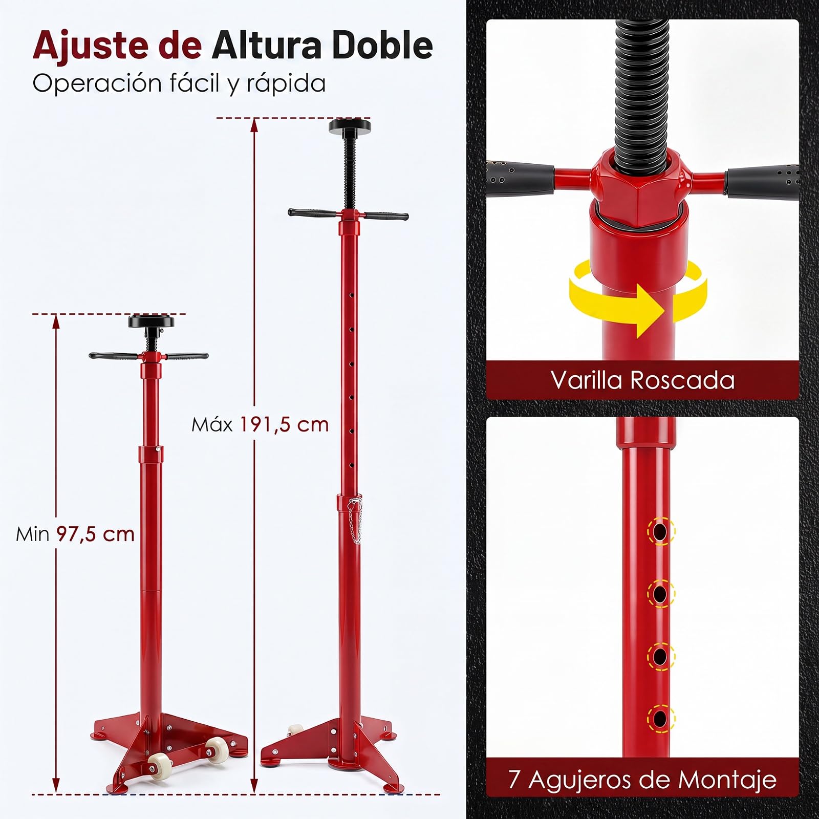 COSTWAY Soporte de Gato, Gato Telescópico con Ruedas, Capacidad de 750 kg | Altura Regulable de 97,5-191,5 cm, Asas Antideslizantes, Plataforma de Goma, para Tareas de Reparación