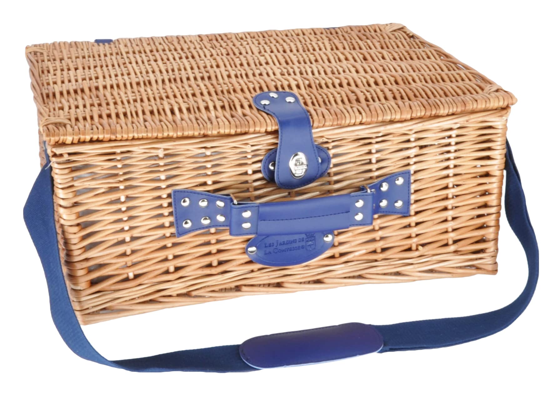 Les Jardins de la Comtesse - Panier Pique-Nique Fontainebleau en Osier - 4 Personnes - Glacière Isotherme/Assiettes Céramiques/Verres à Vin en Verre - Tissu Rayures Verticales Bleues- 50 x 36 x 22 cm