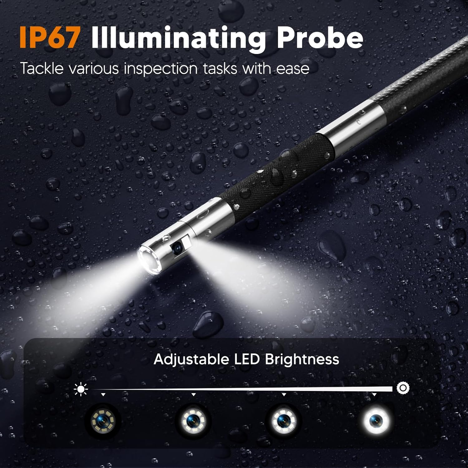 Illustration of the IP67 illuminating probe with adjustable LED brightness settings