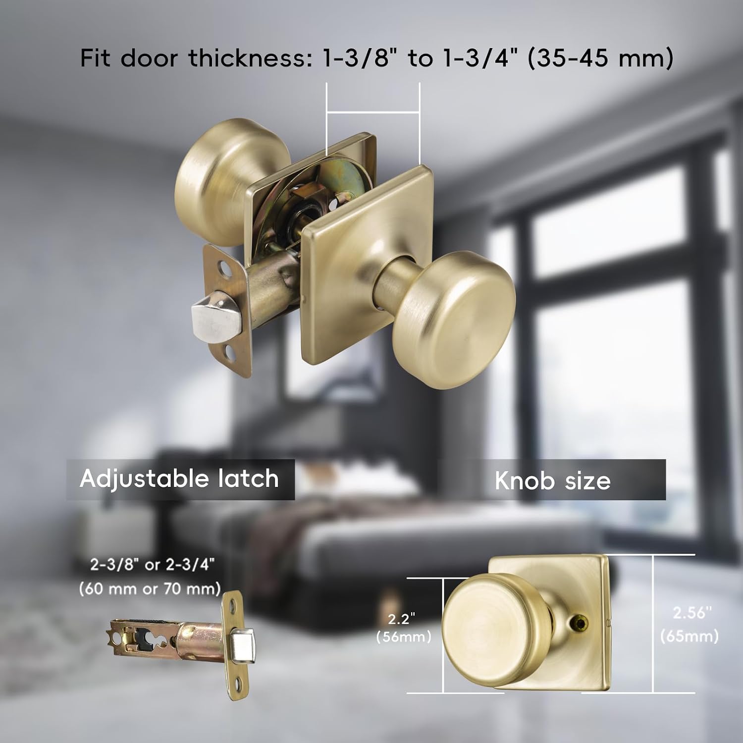 6 Pack Brushed Gold Door Knobs with Square Rosette,Pismo Passage Door Knob for Hall & Closet,Non-Locking Interior Door Knobs
