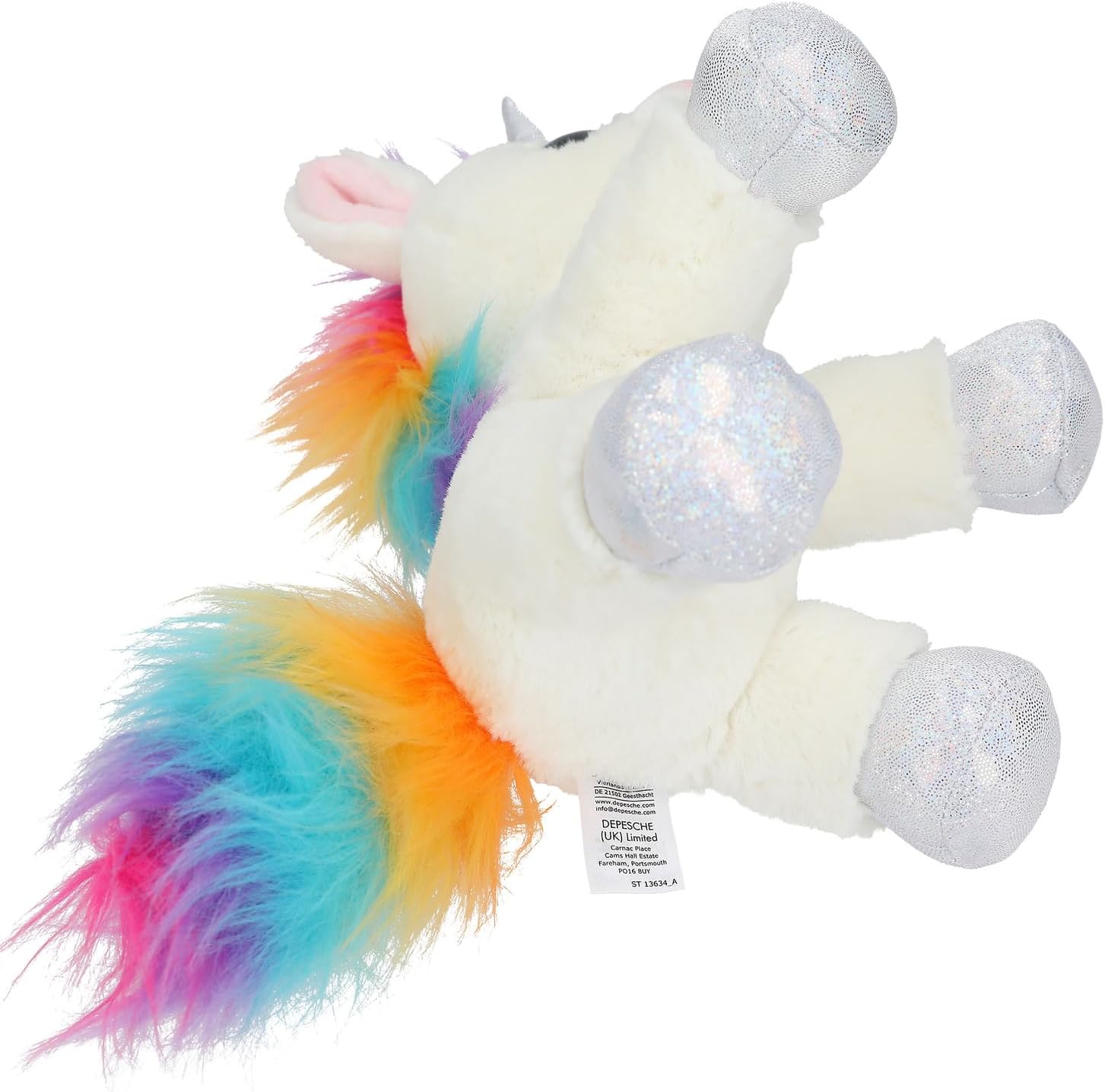 Dispêche 13634 Ylvi - White Unicorn Soft Toy with Multicoloured Mane in Rainbow Colours, Plush Approximately 21 cm with Silver Accents