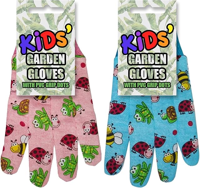 AKH® Kids Garden Gloves | One Size 3+ Years | Cotton Children's Gardening Gloves with PVC Grip Dots for Secure Grip | Kid's Garden Gloves with Colourful Garden Characters Design (Both Colour 1 Each)