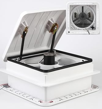 USA RV Roof Vent with Fan 12-Volt 4-Speed Reversible - 14"x14" - with LED Light Trim Shroud - Manual