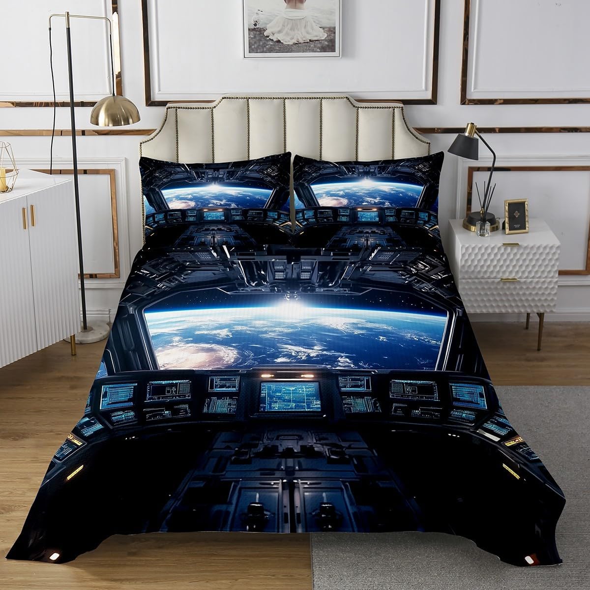 Homewish Outer Space Bedspread Twin Size,Universe Planet Spaceship Bedding Set for Kids Girls Boys Room Decor,Astronaut Modern Space Ship Coverlet Set 2Pcs,The Earth Microfiber Quilt,1 Pillowcase