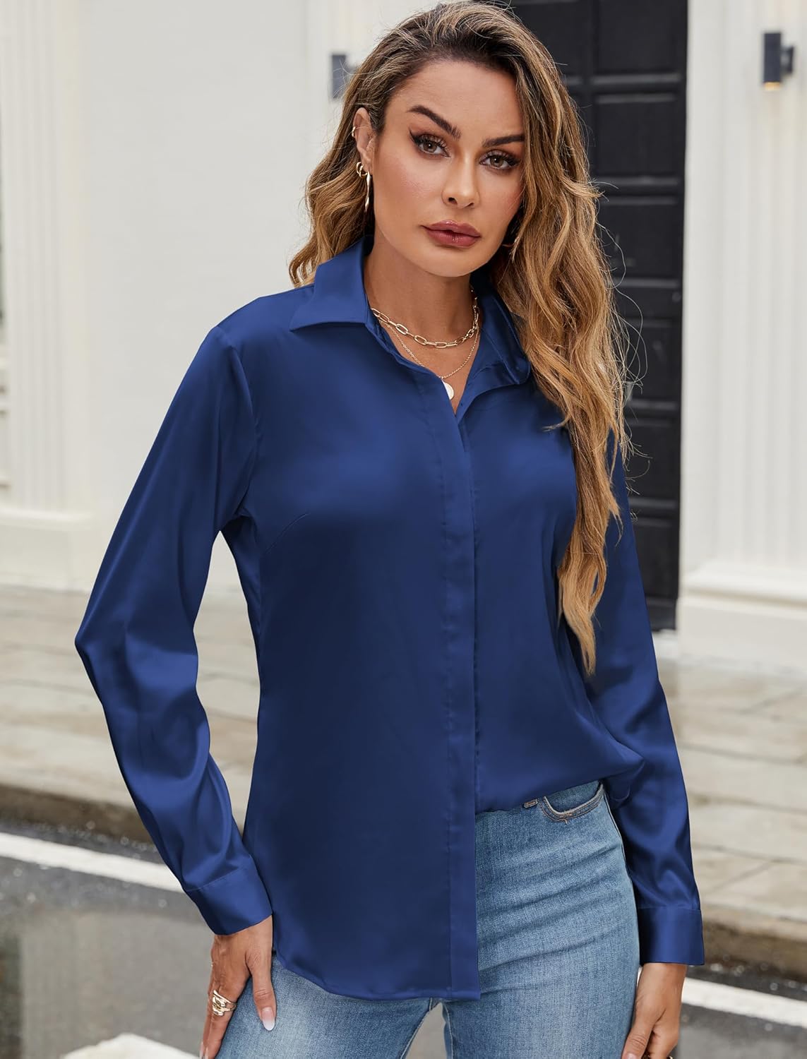 Neweek Satin Blouses for Women Dressy Casual Button Down Silk Shirts Business Work Tops - Image 4