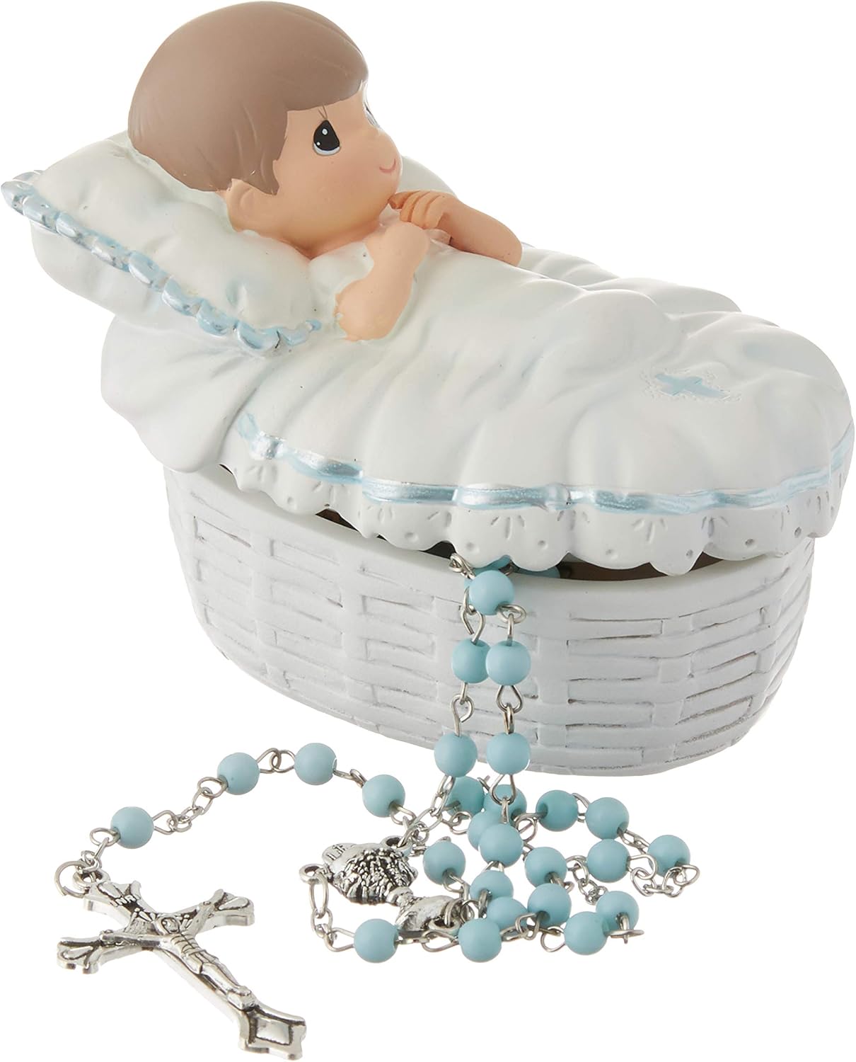 Precious Moments Baptism Gift, Boy's Resin Rosary Box with Hand-Painted Details, Perfect Keepsake, 153409