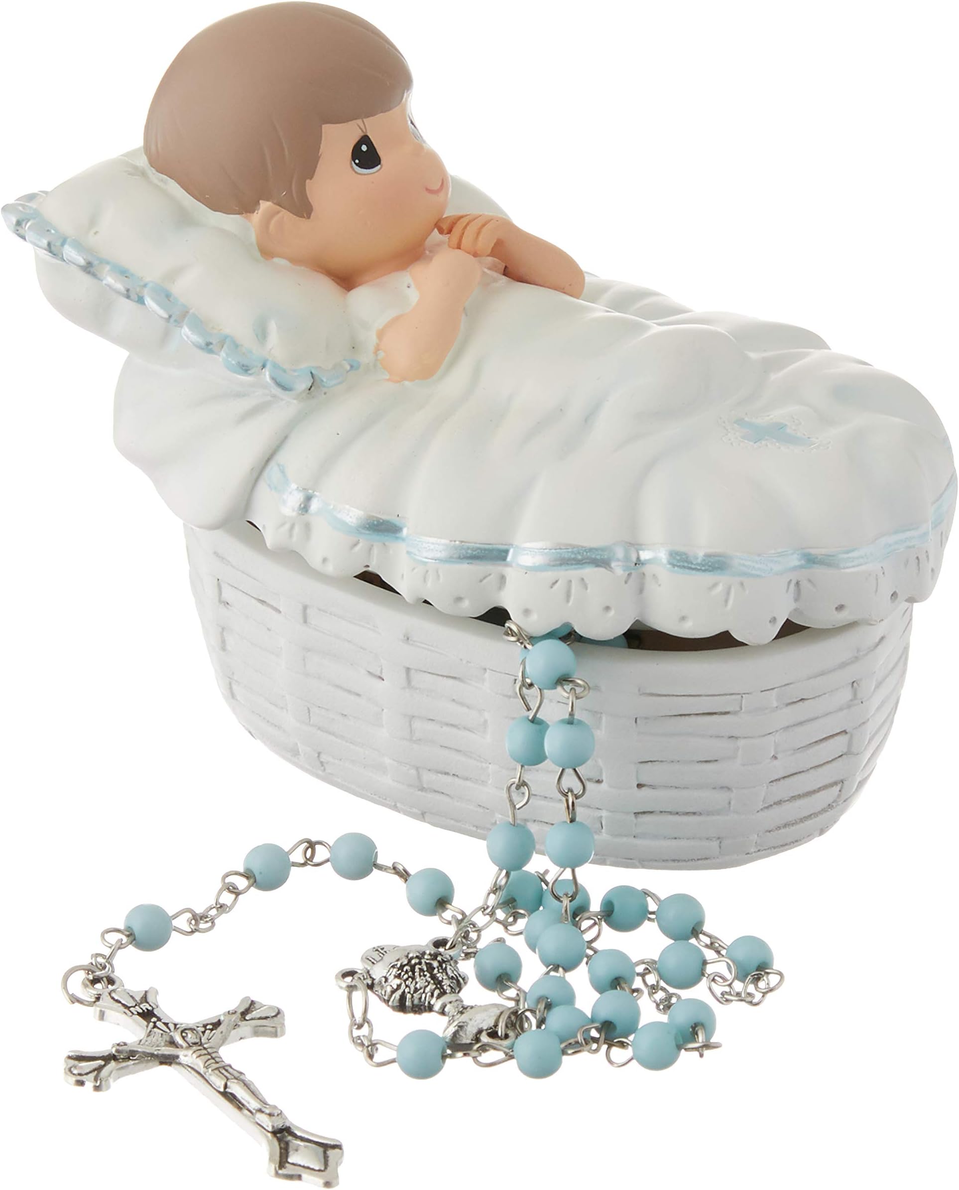Baptism Gift, Boy's Resin Rosary Box with Hand-Painted Details, Perfect Keepsake, 153409