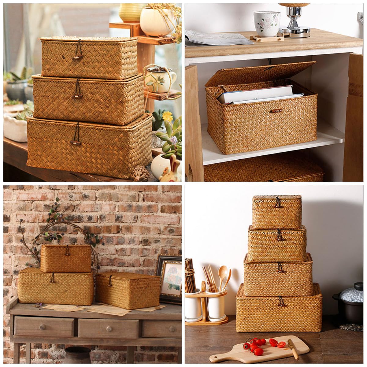 GANAZONO 3 Pezzi Cesto Portaoggetti Finitura Artigianale Intrecciato in con Coperchio, Contenitore Organizer Facile da Usare, per Casa e Shower