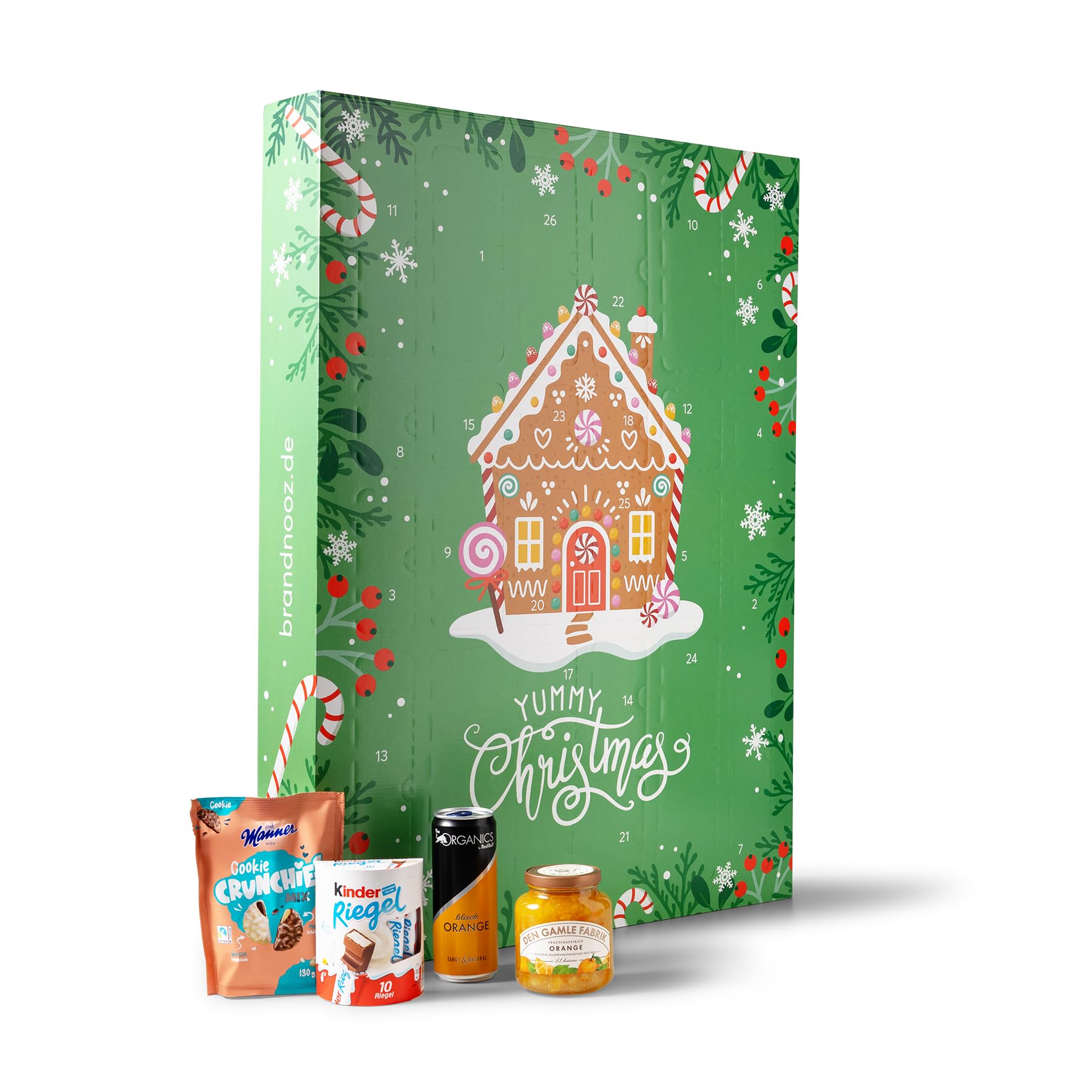 brandnooz - Adventskalender 2025 "Classic" XXL mit 26 Überraschungsmomenten - Riesen Weihnachtskalender 80 cm mit 24+2 Markenprodukten wie Manner, Kinder, Em-Eukal uvm. für Kinder & Erwachsene